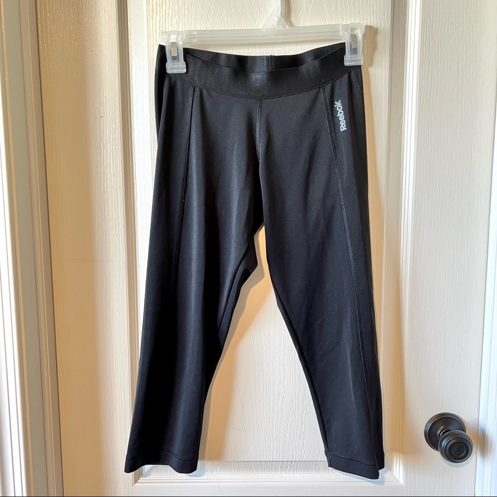 REEBOK Play Dry Black Monogrammed Waistband Capri Running Yoga Leggings—…
